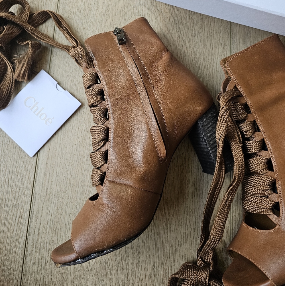 Chloe Coquette Lace Up Cognac Leather Open Toe Booties Size 36 - Picture 5 of 11